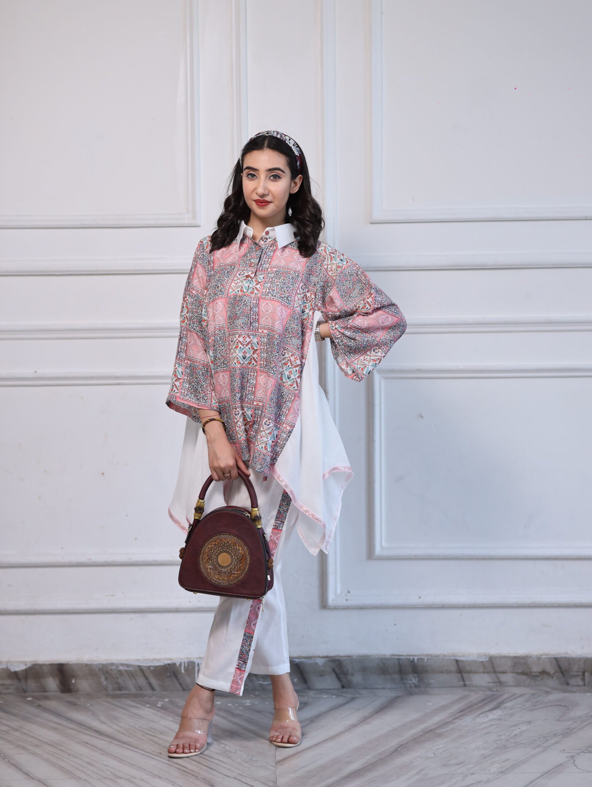 White & Pink Printed Short Kurta Cord Set in Soft Muslin
