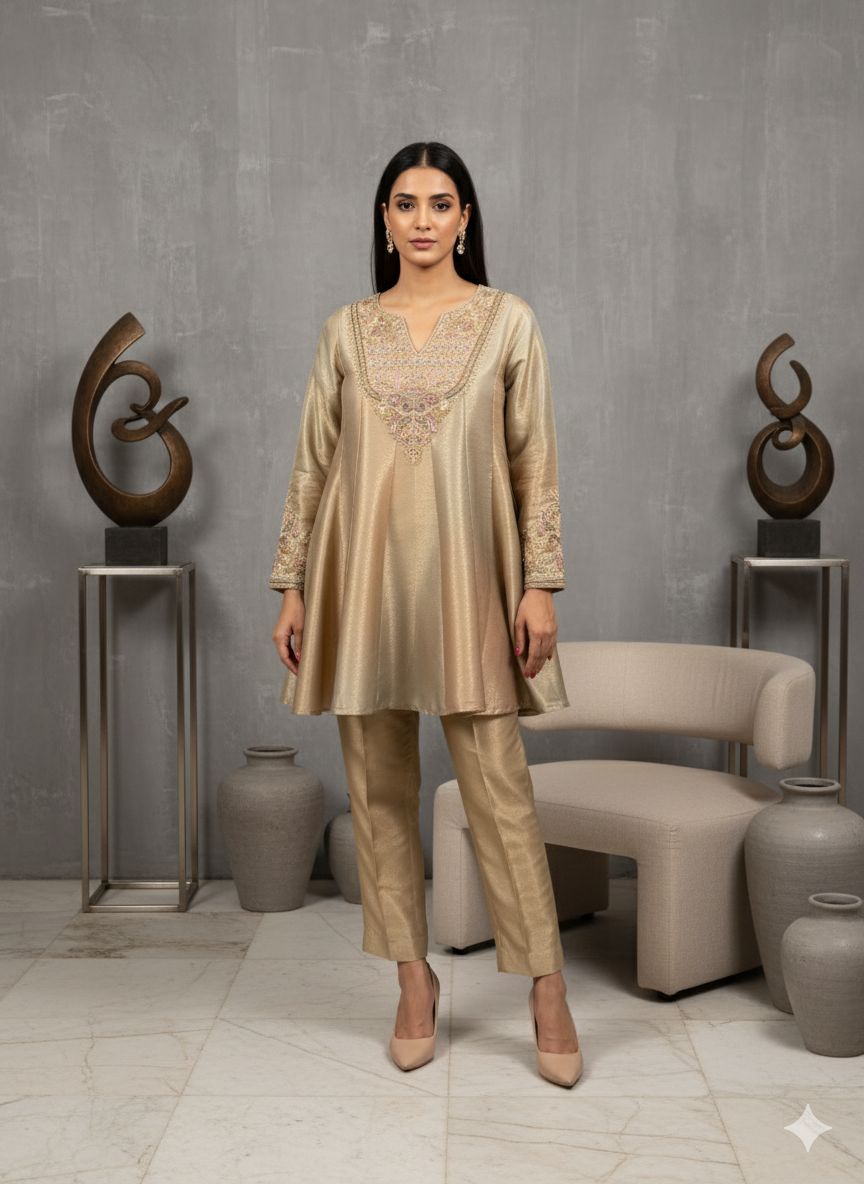 Champagne Gold Brocade A-Line Kurta Set