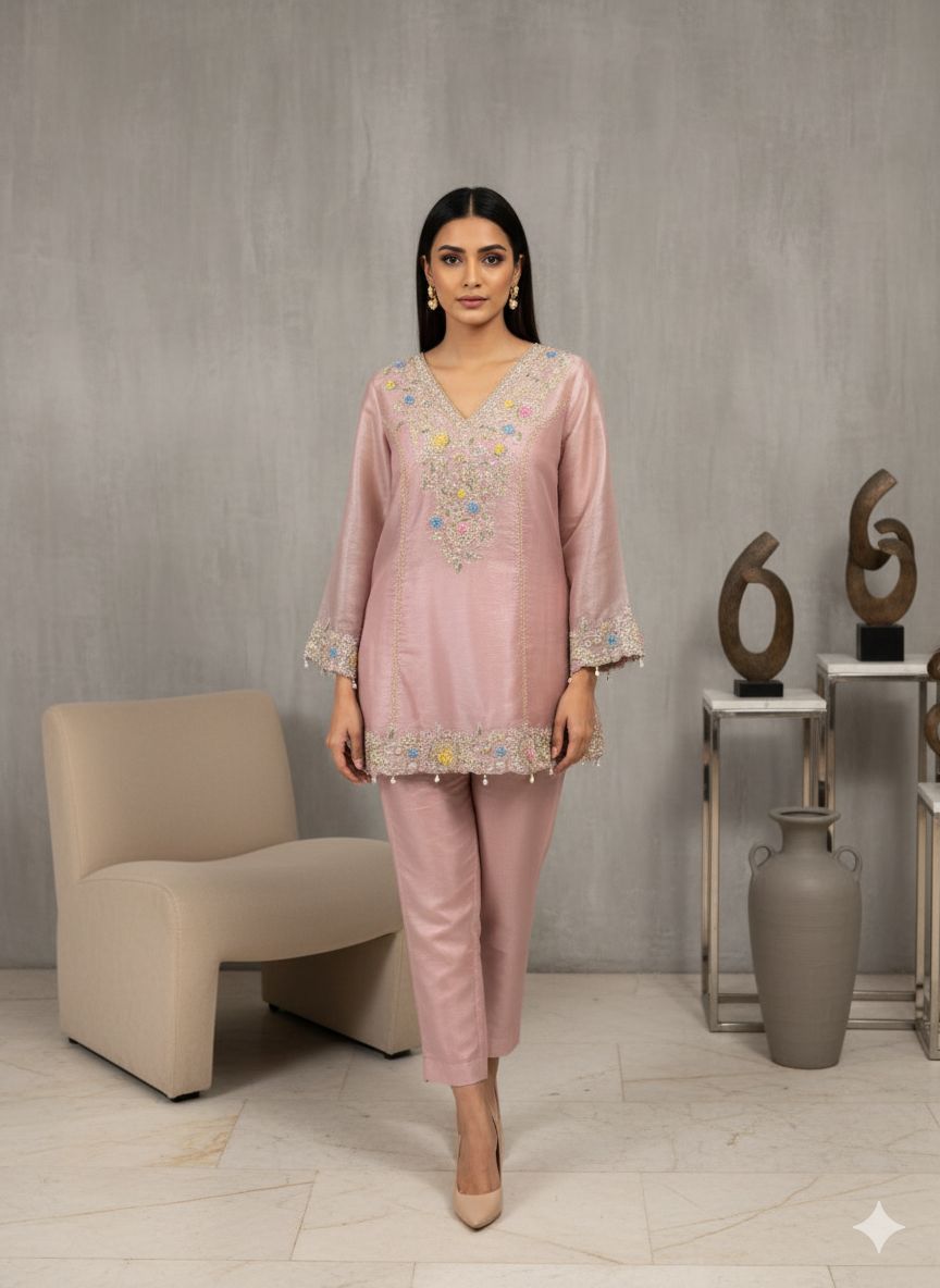 Blush Pink Embroidered A-shape Kurta Set