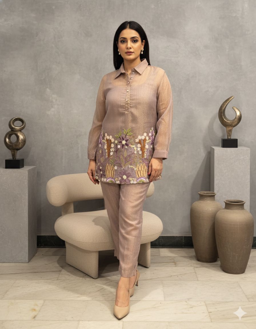 Metallic Mauve Embroidered Co-ord Set