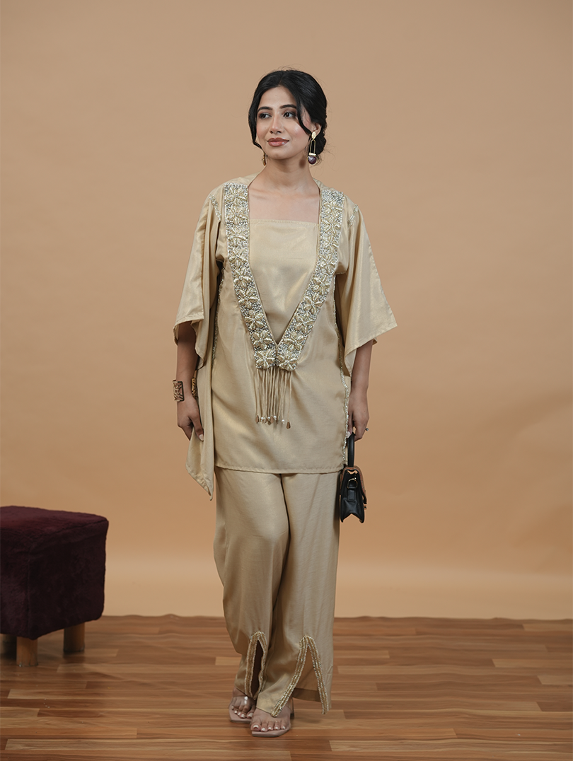 Hand Embroidery Golden Kaftan 3pc Set