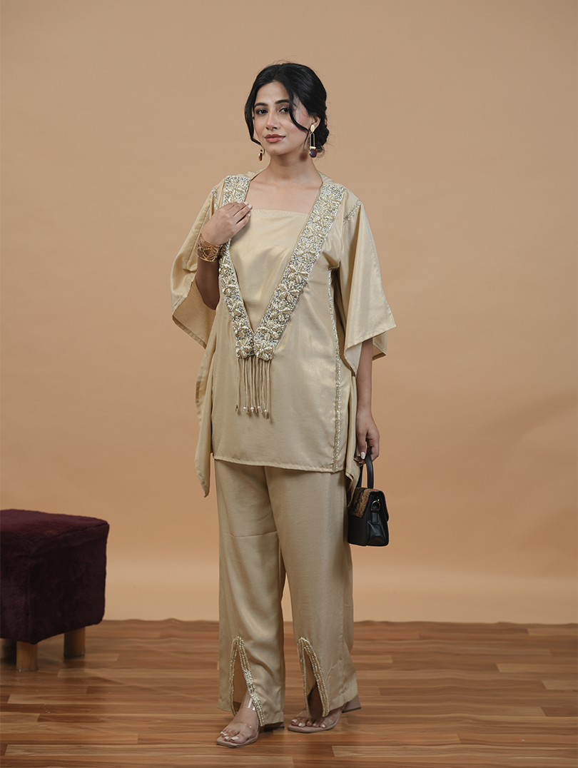 Hand Embroidery Golden Kaftan 3pc Set