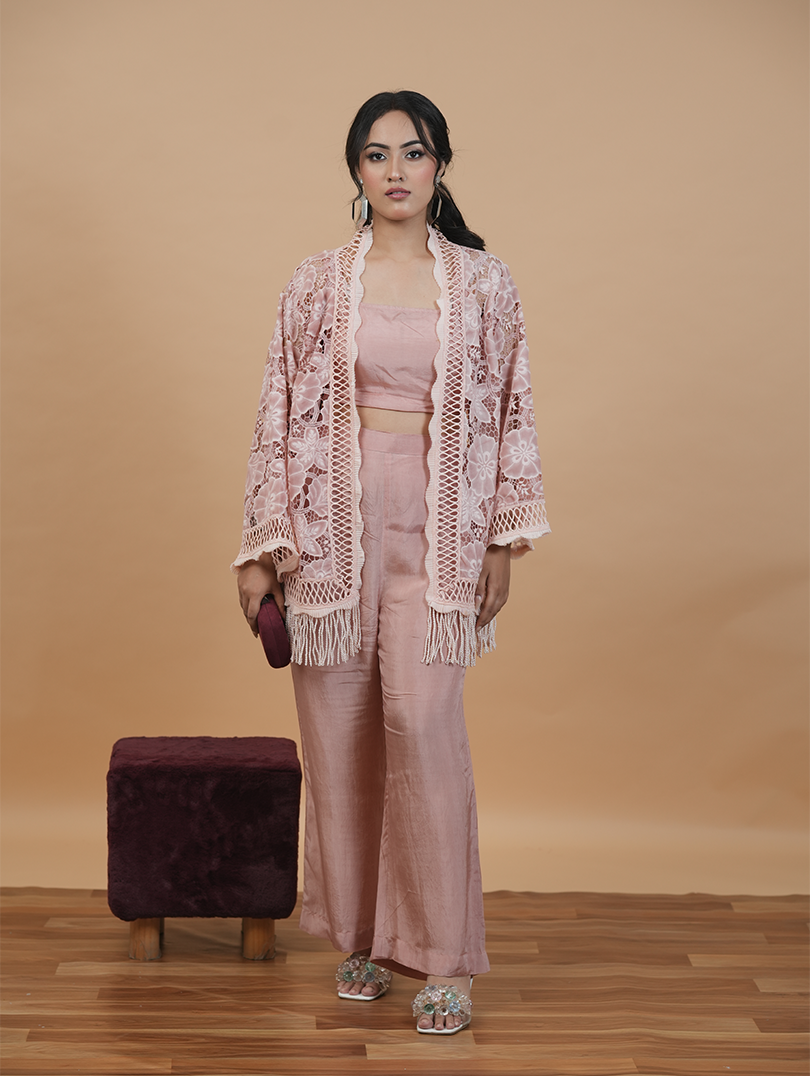 Pink Cutwork Shrug Set
