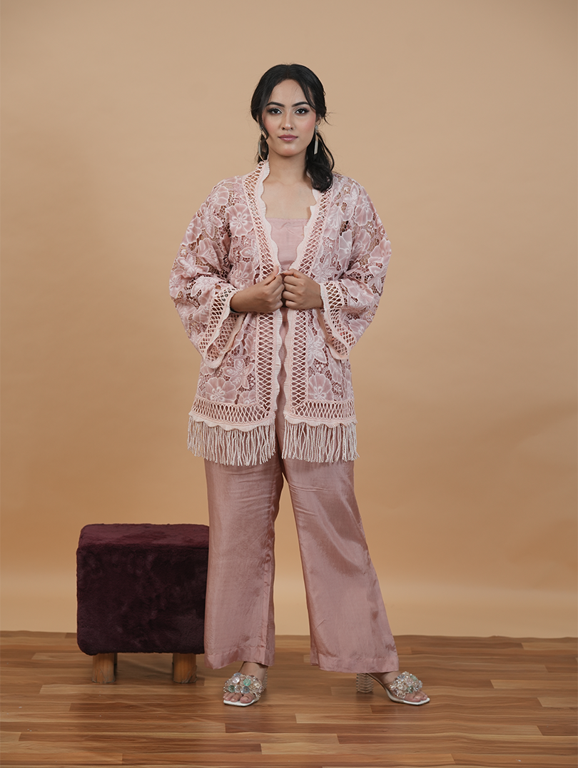 Pink Cutwork Shrug Set