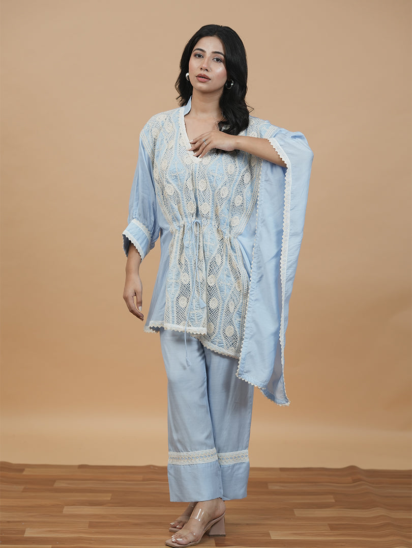 Blue Kaftan Cutwork Set