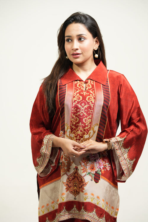 Maroon Printed Indo-Western Crepe Set