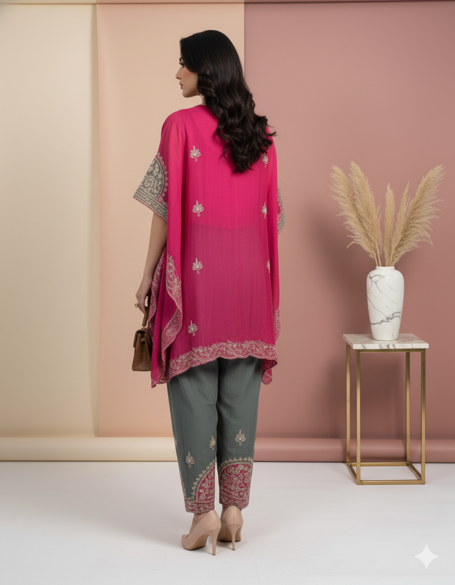 Hand Embroidered Organza Kaftan Set with Farsi Salwar