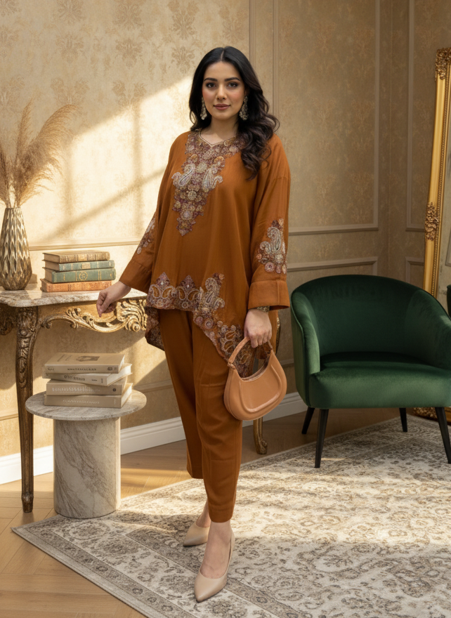 Woman in a stylish outfit standing in a elegant room with a green sofa and decorative wall.