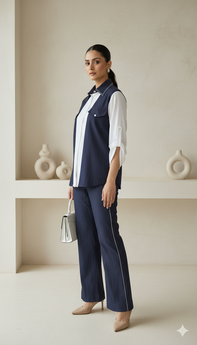 Navy Blue & White Denim Co-Ord Set for Women