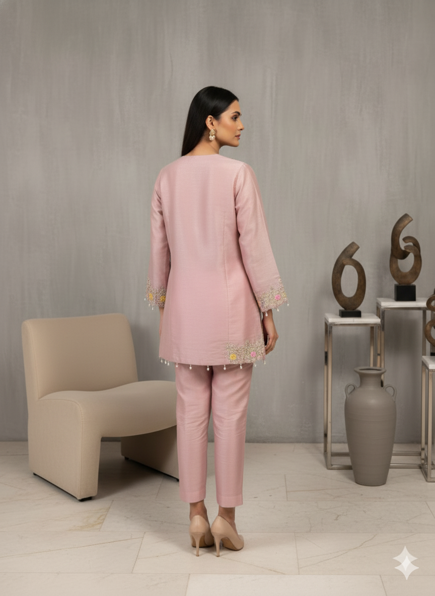 Blush Pink Embroidered A-shape Kurta Set