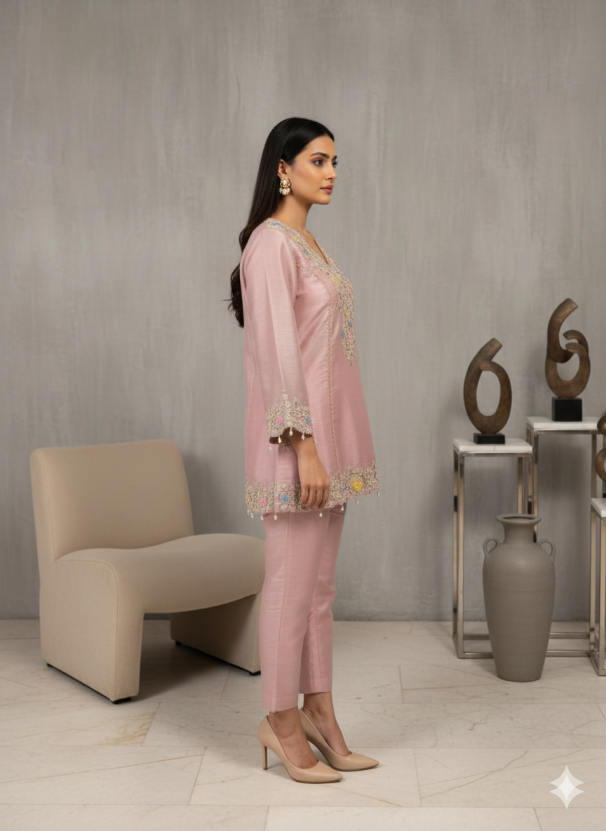 Blush Pink Embroidered A-shape Kurta Set