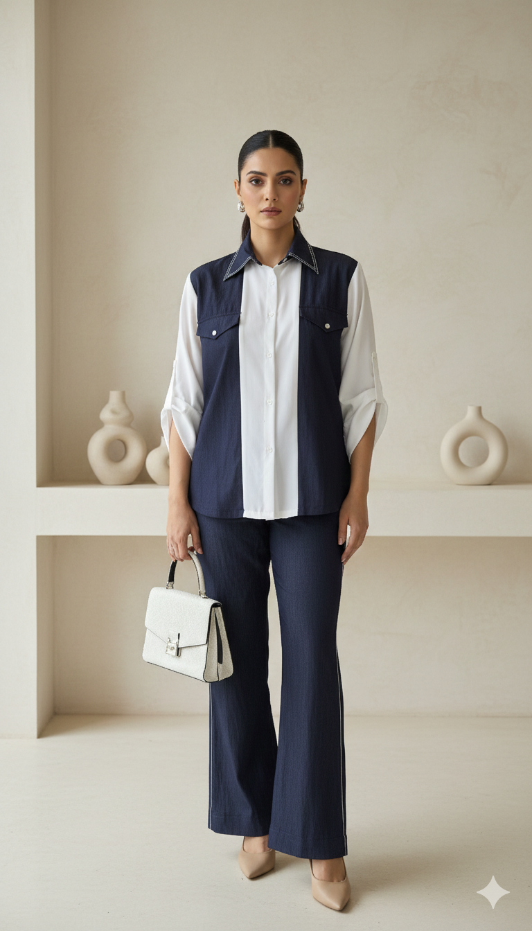 Navy Blue & White Denim Co-Ord Set for Women