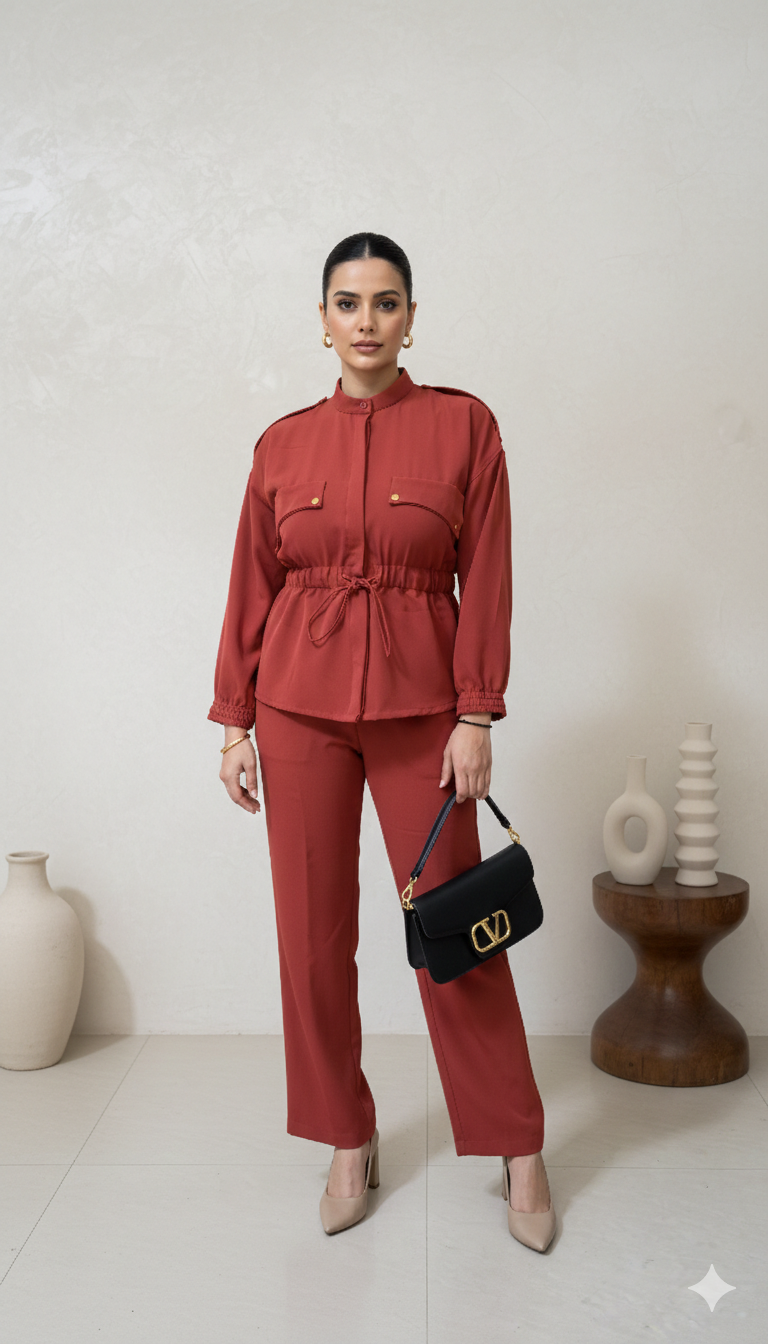 Rust Red Cotton Lycra Co-Ord Set