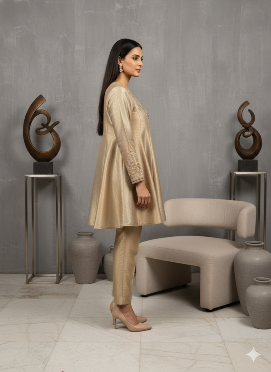 Champagne Gold Brocade A-Line Kurta Set