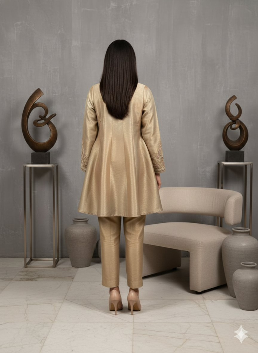 Champagne Gold Brocade A-Line Kurta Set