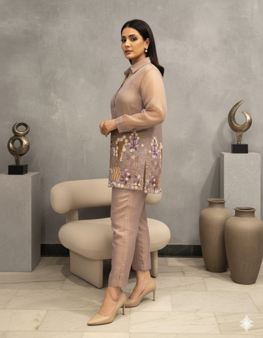 Metallic Mauve Embroidered Co-ord Set