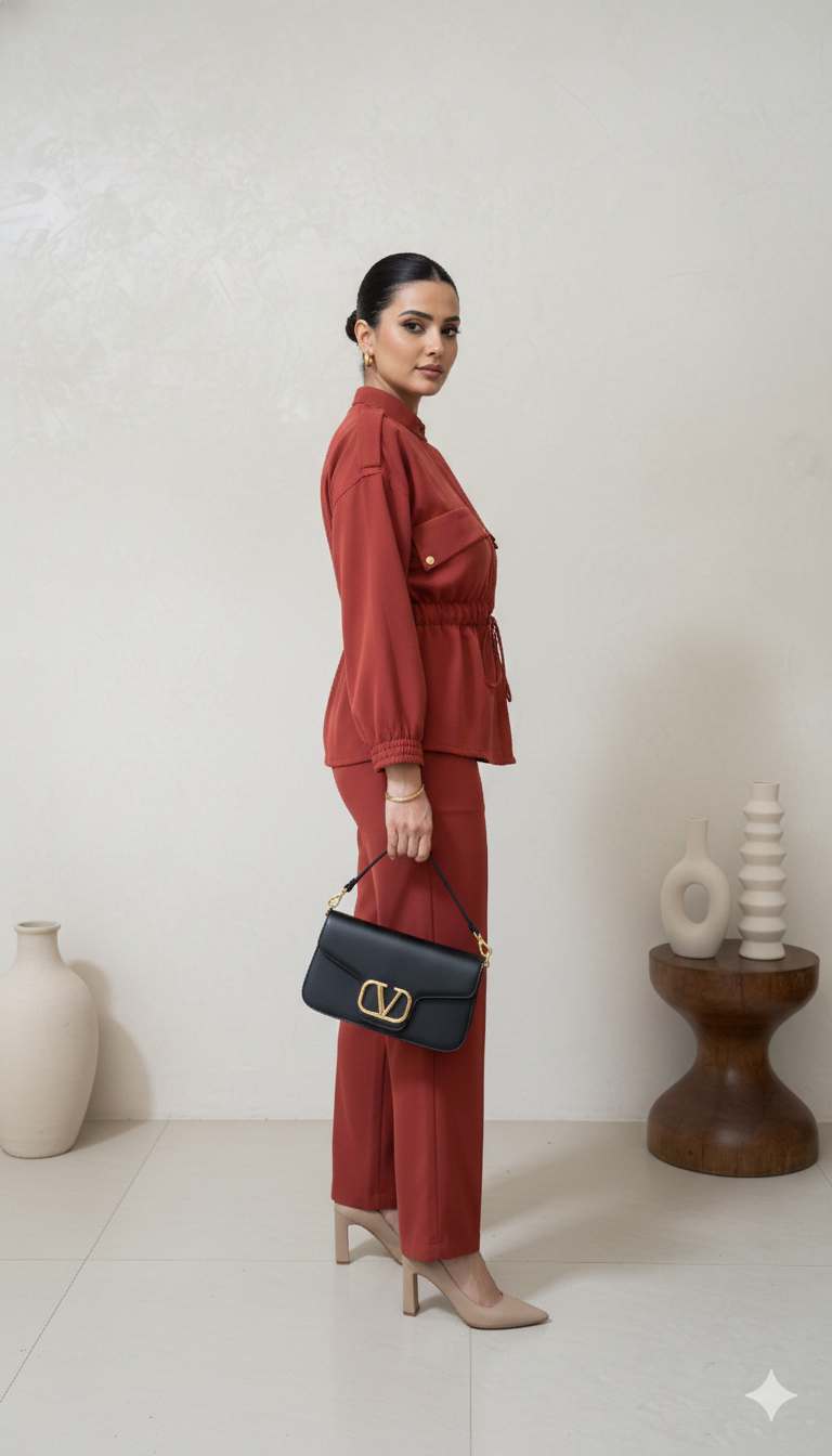 Rust Red Cotton Lycra Co-Ord Set