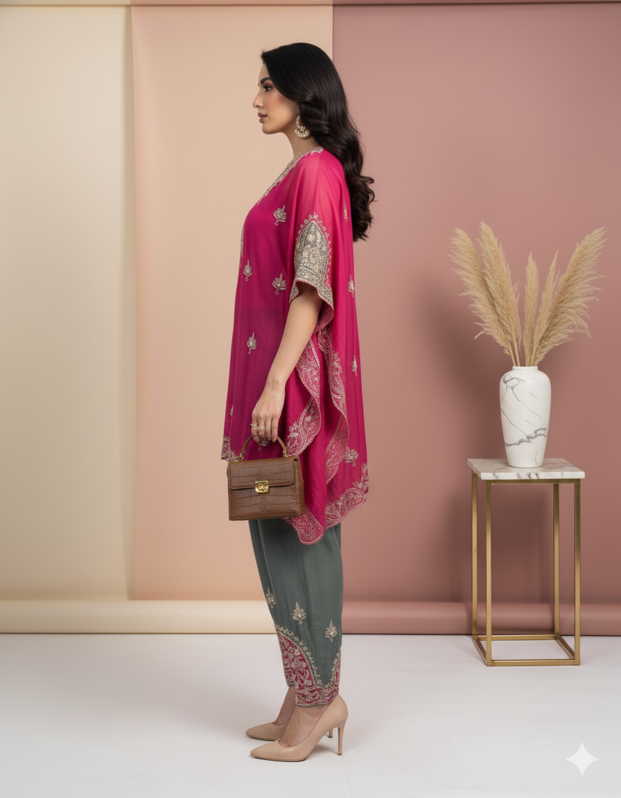 Hand Embroidered Organza Kaftan Set with Farsi Salwar