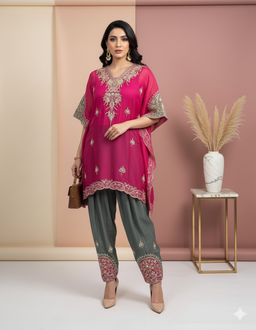 Hand Embroidered Organza Kaftan Set with Farsi Salwar