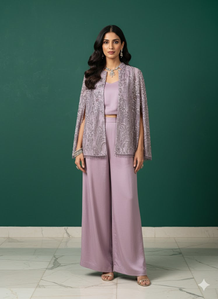 Lilac Embroidered Cape Set