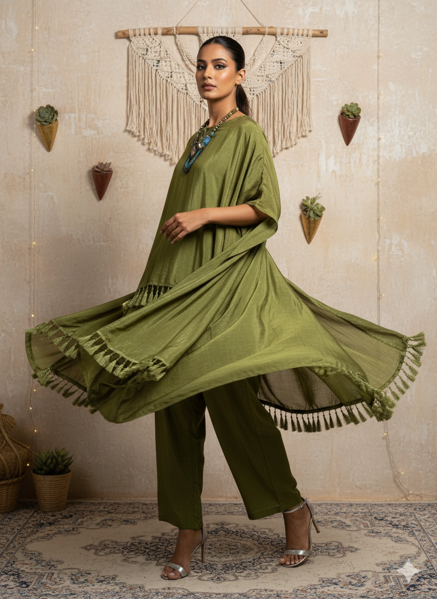 Luxury Indo Western Green Kaftan Set