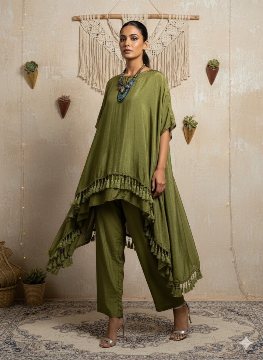 Luxury Indo Western Green Kaftan Set