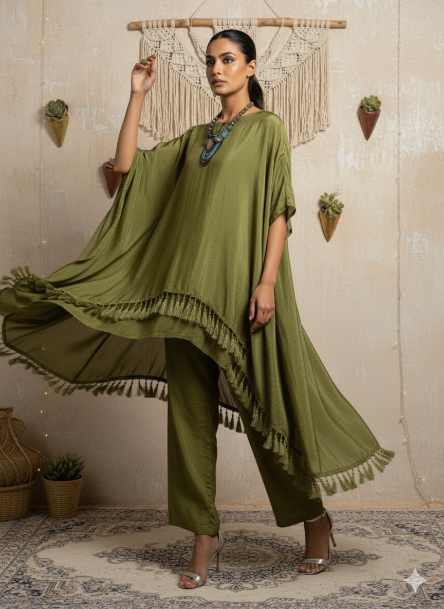 Luxury Indo Western Green Kaftan Set