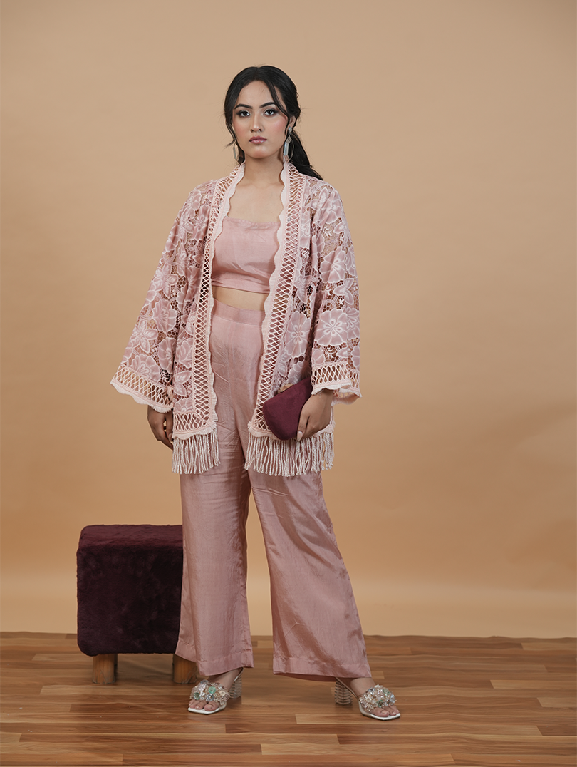 Pink Cutwork Shrug Set