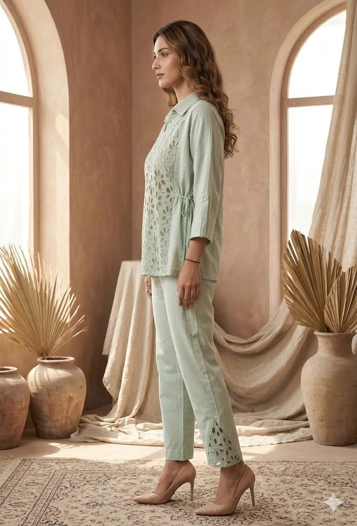 Sage Breeze Cutwork Cotton Co-ord Set