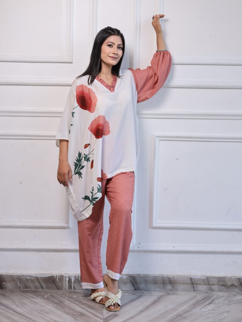 Peach & White Printed Kaftan Cord Set - Image 3