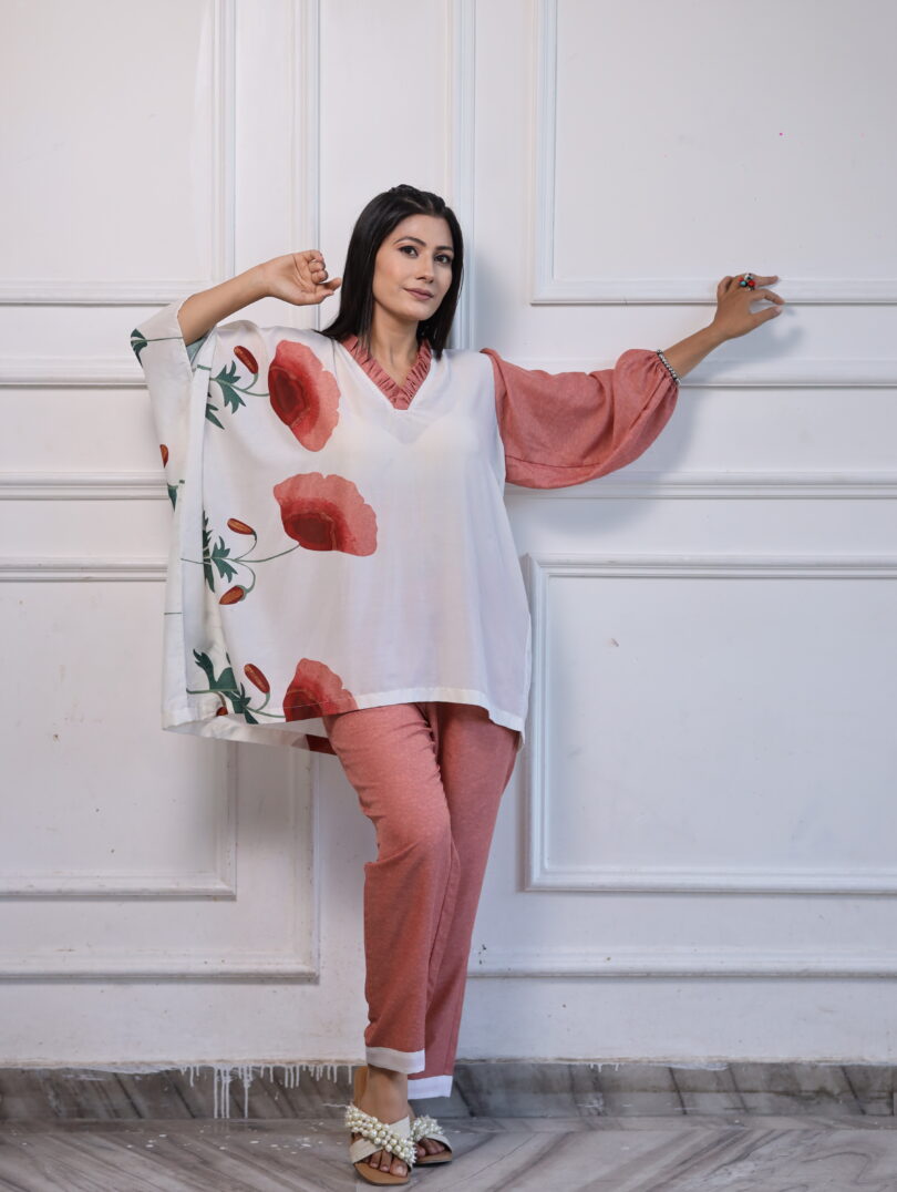 Peach & White Printed Kaftan Cord Set