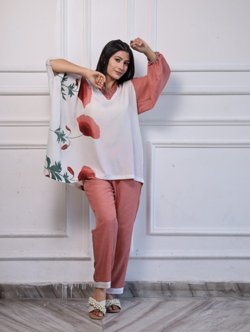 Peach & White Printed Kaftan Cord Set - Image 2
