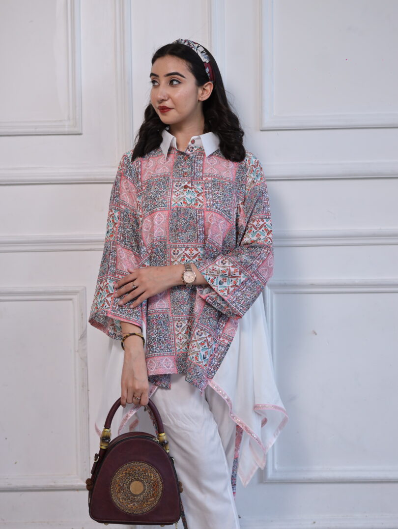 White & Pink Printed Short Kurta Cord Set in Soft Muslin - Image 4