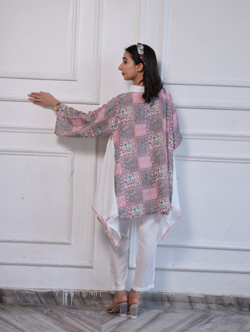 White & Pink Printed Short Kurta Cord Set in Soft Muslin - Image 3