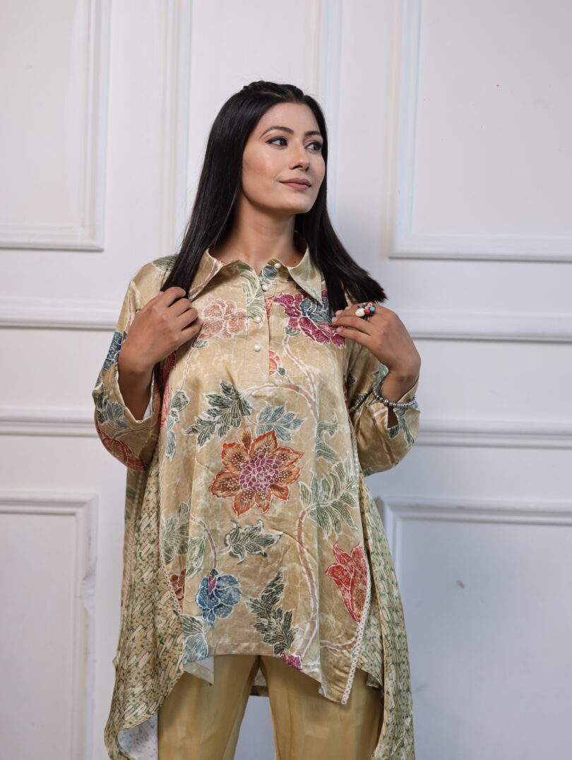 Elegant Green & Brown Printed Short Kurta Cord Set - Image 3
