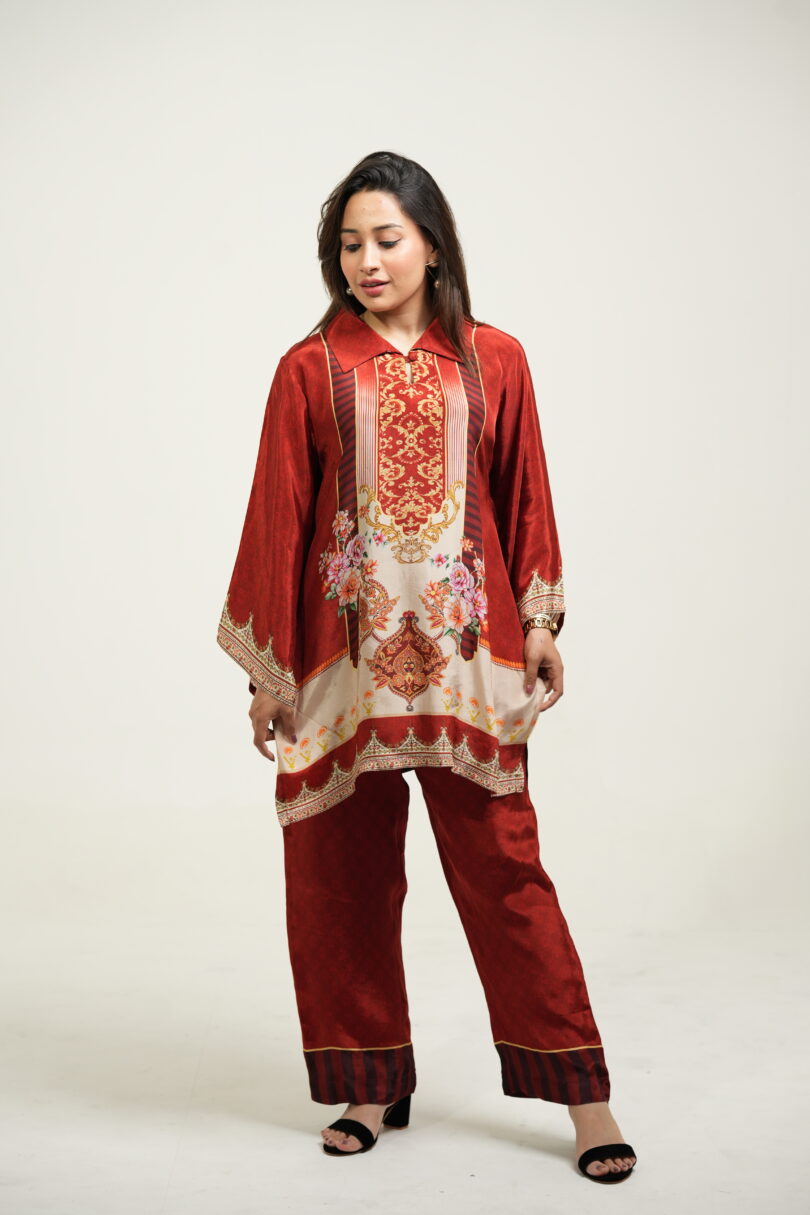 Maroon Printed Indo-Western Crepe Set
